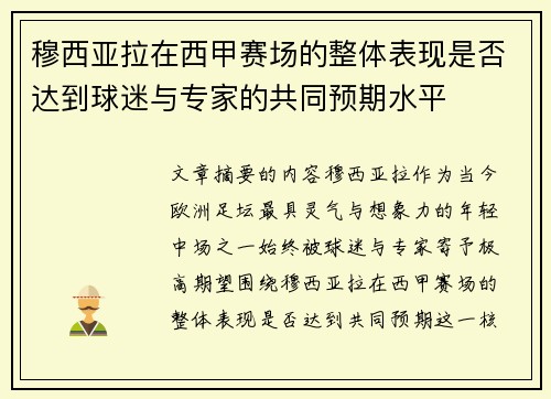 穆西亚拉在西甲赛场的整体表现是否达到球迷与专家的共同预期水平 穆西亚拉在西甲赛场的整体表现是否达到球迷与专家的共同预期水平